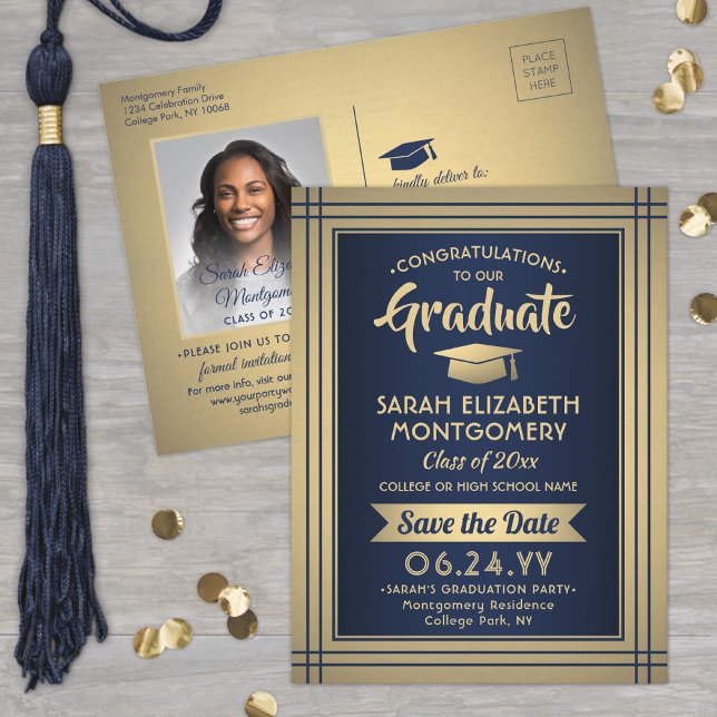Grad Congrats Marinblå & Guld Save the Date Foto Meddelande Vykort (Skapare uppladdad)