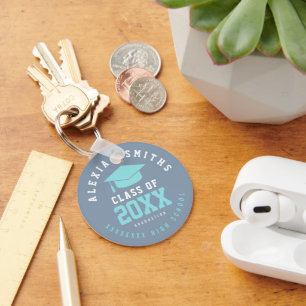 Grad Dusty Blue Keychain med Namn och klassår Nyckelring