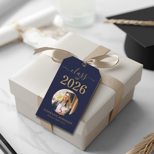 Grad Foto Klass 2026 Blå Guld Examen  Presentetikett (Skapare uppladdad)