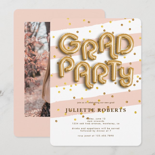 Grad Gold Foil Balloon Party Inbjudningar (Fram/baksida)