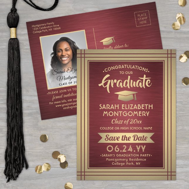 Grad Gratulerar Burgundy & Guld Spara datumfoto Meddelande Vykort (Skapare uppladdad)