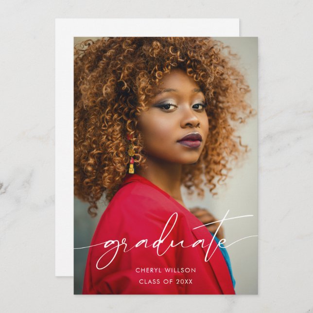 Grad Modern Black Script Photo Overlay Studenten Inbjudningar (Fram/baksida)