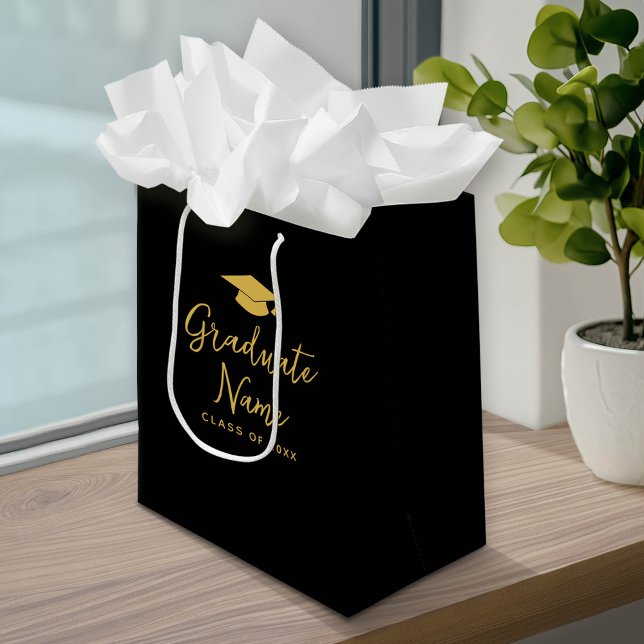 Grad Namn-skript med sockel - svart Guld Studenten (Custom Graduation Gift Bag with a pace for the graduate's name)
