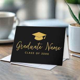 Grad Namn-skript med sockel - svart Guld Studenten Kort