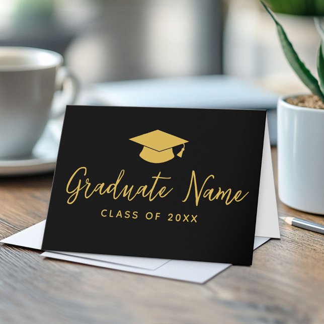 Grad Namn-skript med sockel - svart Guld Studenten Kort (Custom Graduation Note Card)