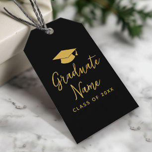 Grad Namn-skript med sockel - svart Guld Studenten Presentetikett