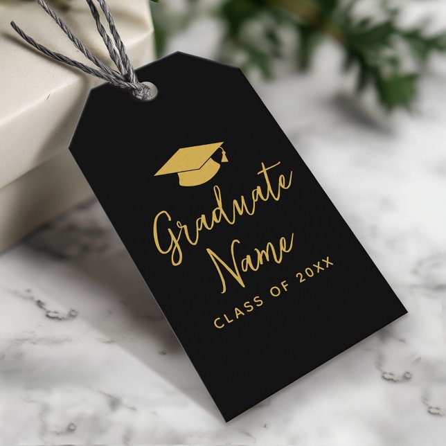 Grad Namn-skript med sockel - svart Guld Studenten Presentetikett (Custom Graduation Gift Tag - Modern Black and Gold Design)