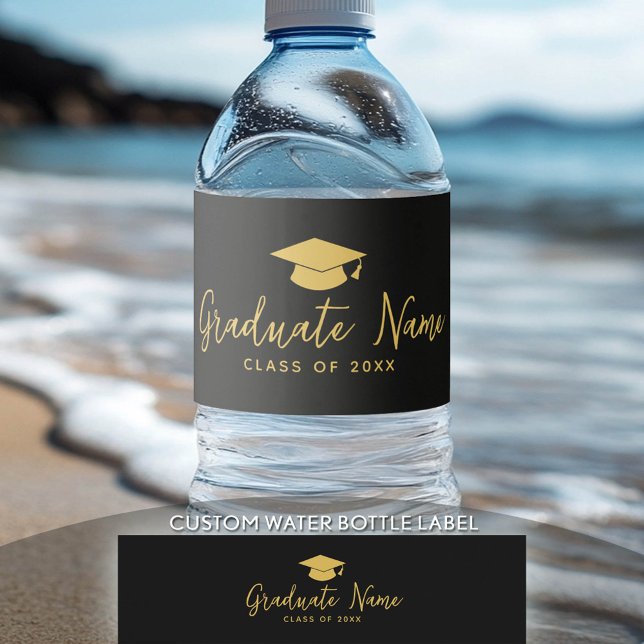 Grad Namn-skript med sockel - svart Guld Studenten Vattenflaskor Etikett (Custom Graduation Water Bottle Label)