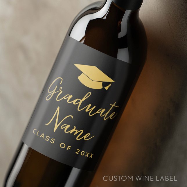 Grad Namn-skript med sockel - svart Guld Studenten Vinflaska Etikett (Custom Graduation Wine Label - Celebrate the Graduate!)