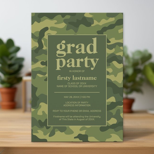 Grad Party - Grönt Camo Print for Studentfest Inbjudningar (Custom Graduation Announcement and Invitation)