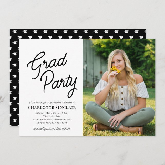 Grad Party Script Photo Studenten Inbjudningar (Fram/baksida)