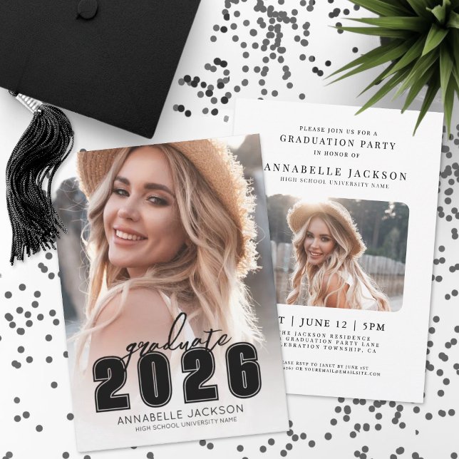 Grad Party Simple Black White Photo Studenten Inbjudningar (Grad Party Simple Black White Photo Graduation Invitation )