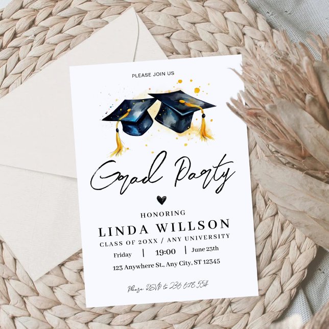 Grad Party Studenten Hat Watercolor Inbjudningar (Skapare uppladdad)