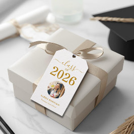Grad Photo Class of 2026 Gold Script Graduation  Presentetikett