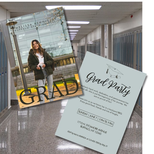 GRAD Photo Party Green Gray Invite Inbjudningar (Skapare uppladdad)