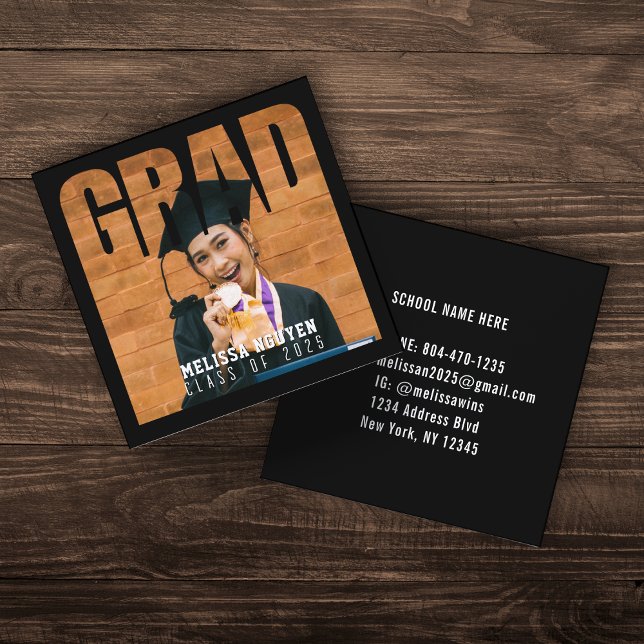 Grad Photo Studenten Black Contact Info Namn Fyrkantigt Visitkort (Grad Photo Graduation Contact Info Name Square Business Card
)