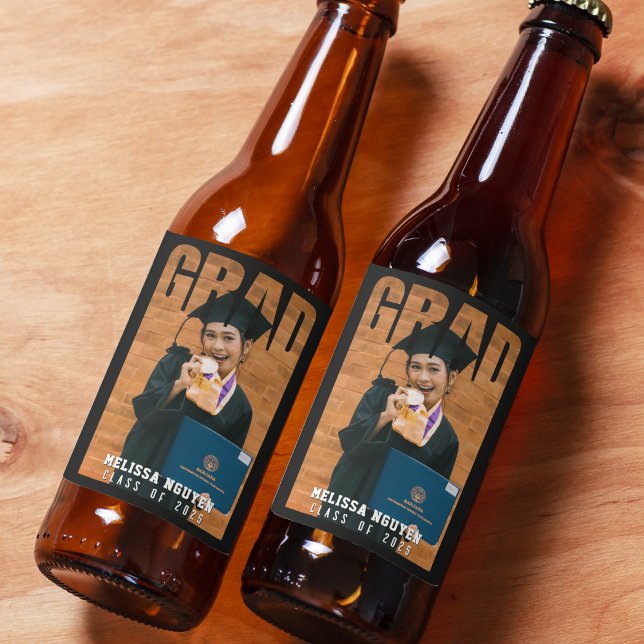 Grad Photo Studenten Black Ölflaska Etikett (Grad Photo Graduation Black Beer Bottle Label
)