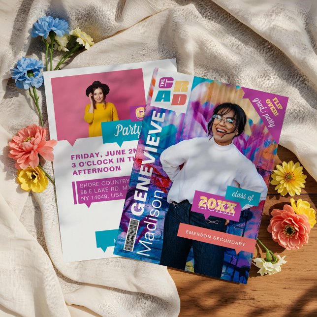 Grad Retro Hip Student Photo Magazine Cover Party Inbjudningar (Grad Retro Hip Graduate Photo Magazine Cover Party Invitation)