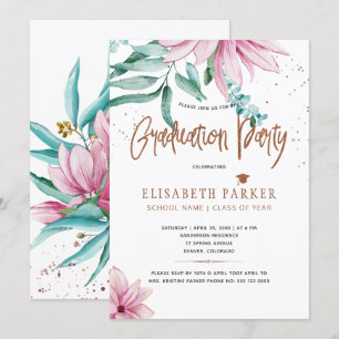 Grad rosa blommigt studentfest glitter koppar inbjudningar