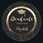 Grad-sockel glitter,Konfetti,Svart Runt Klistermärke<br><div class="desc">Glitter studentmössa,  konfetti och guld cirklar ram med ert namn.</div>