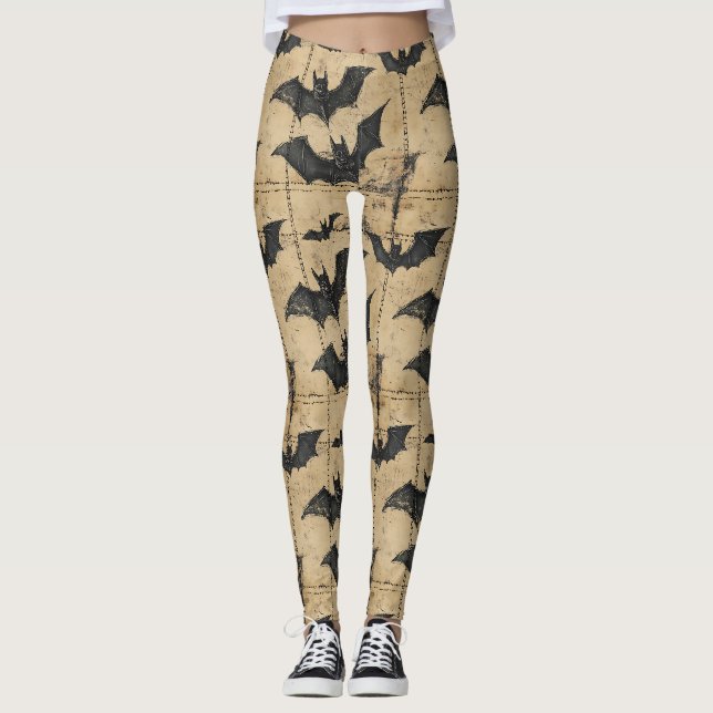 Grädde Denim Grunge Lapptäcke med Fladdermöss Leggings (Framsida)