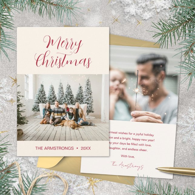 Gräddröd elegant skript Två Foto Jul Julkort (Elegant Script Photo Christmas Card)