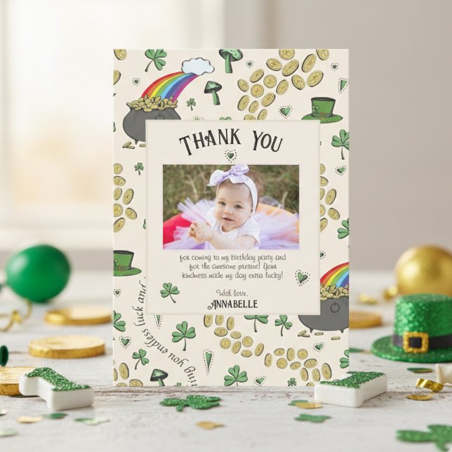 Gräddvita Irländska RegnbågsKlöver & Hjärtan Födel Tack Kort (Irish Lucky One Thank You Cards for St Patrick's Day First Birthday Party for Kids. Four Leaf Clover)