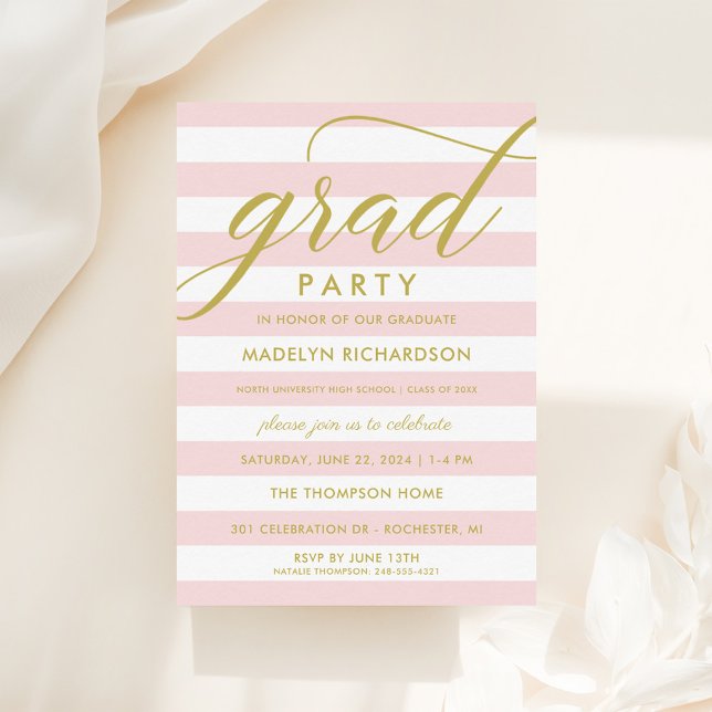 Gradfest med rosa ränder och guldskrift inbjudningar (Skapare uppladdad)