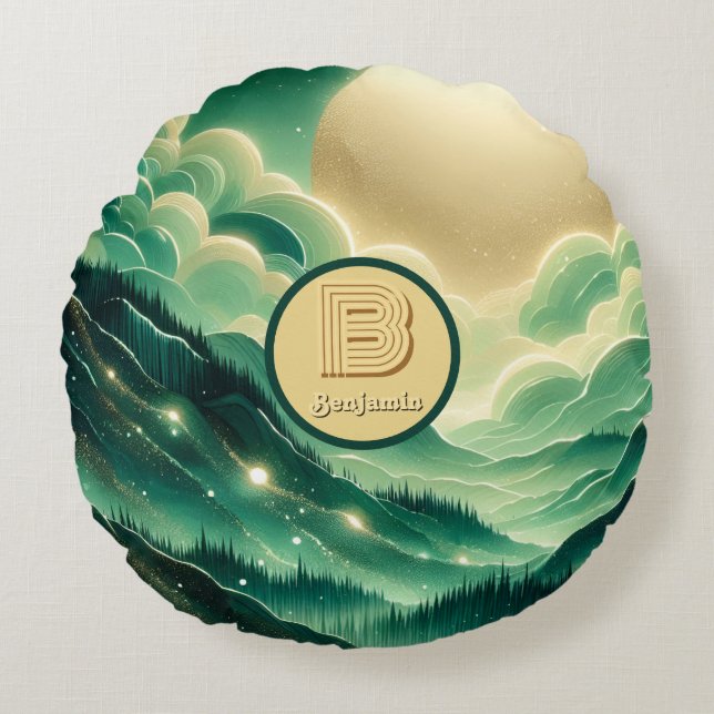 Gradient Emerald Kelly Grönt Glitter Monogrammed Rund Kudde (Framsidan)