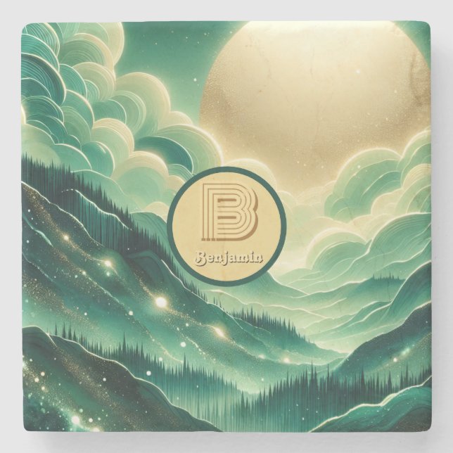 Gradient Emerald Kelly Grönt Glitter Monogrammed Stenunderlägg (Framsidan)