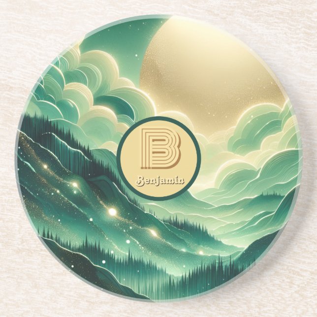 Gradient Emerald Kelly Grönt Glitter Monogrammed Underlägg (Framsidan)