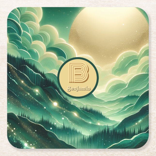 Gradient Emerald Kelly Grönt Glitter Monogrammed Underlägg Papper Kvadrat (Framsidan)