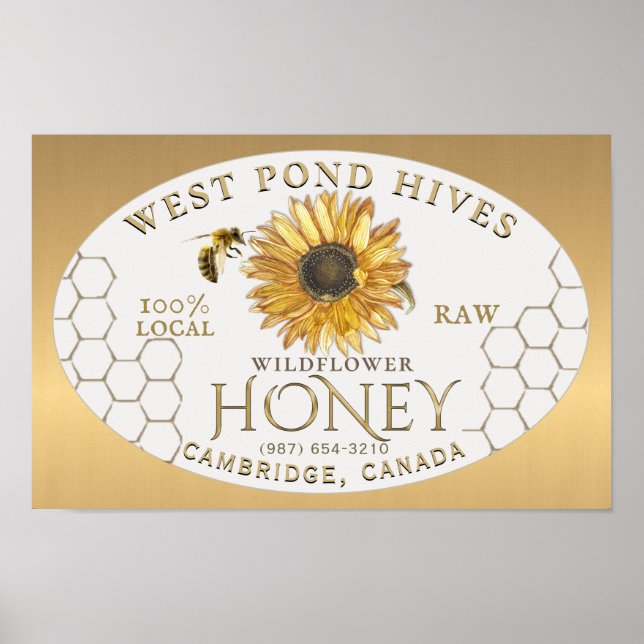Gradient för apiary Solros Bee Honeycomb Guld Poster (Framsidan)
