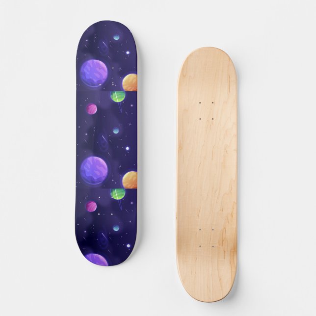 Gradient Galaxy Skateboard (The planets are depicted in various colors, including purple, yellow, green, and blue.)