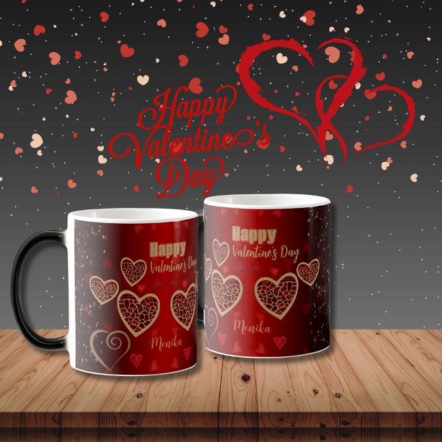 Gradient Red Guld Hearts Valentine Magisk Mugg (Gradient Red Gold Hearts Valentine Magic Mug)