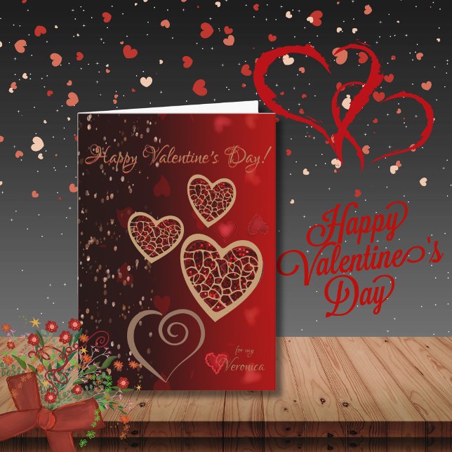 Gradient Röd med gyllene hjärtan Alla hjärtans dag Helgkort (Bright Red Gradient with Golden Hearts Valentines Card, in paper or downloadable)