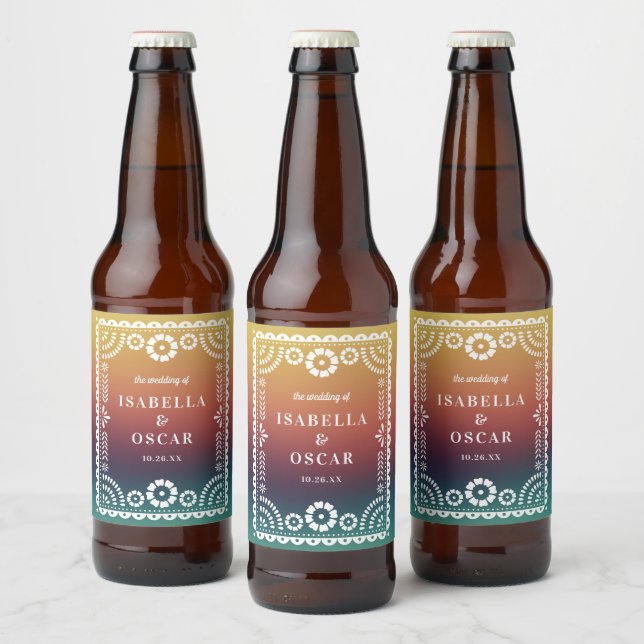 Gradient Sunset Papel Picado Inspired Bröllop Ölflaska Etikett (Flaskor)