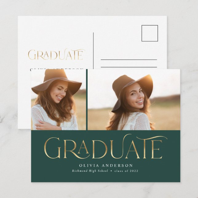 Graduate 2 photo watercolor botanical green gold helg vykort (Fram/baksida)