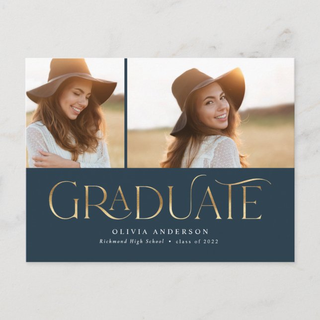Graduate 2 photo watercolor botanical navy blue helg vykort (Framsida)
