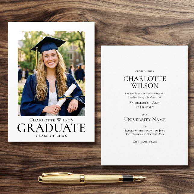 Graduate Announcement Card Photo Formal Simple Meddelande (Skapare uppladdad)
