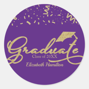 Graduate Gold Foil Examen Fest Violett Runt Klistermärke