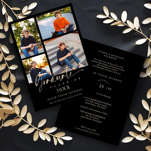 Graduate Modern Black Trendy Collage 4 Photos  Inbjudningar (Black Trendy Collage 4 Photos Modern Graduate Invitation Card for Ceremony and Party. )