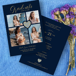 Graduate Navy Blue Trendy Heart Collage 4 Photos Inbjudningar