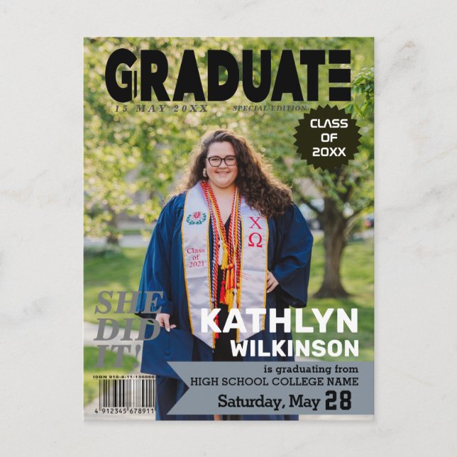 GRADUATE Tidskriftsomslag Stil Modern Foto Meddelande Vykort (Framsida)