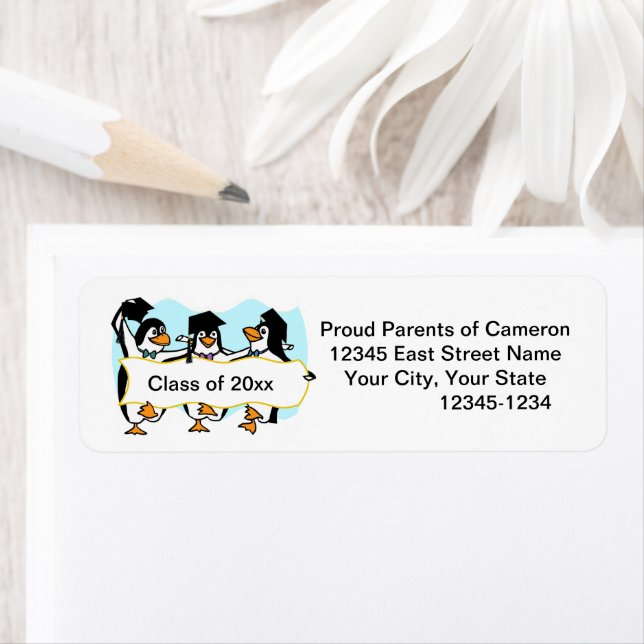 Graduating Dancing Penguins w/Banner Returadress Etikett (Insitu)