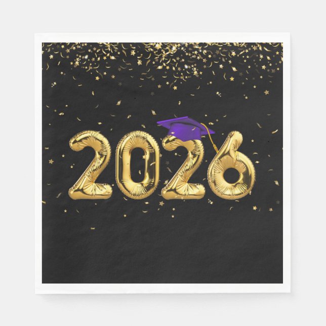 Graduation 2026 Gold Balloons and Purple Cap Pappersservett (Framsidan)