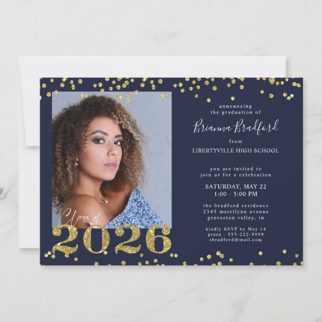 Graduation 2026 Navy Blue Gold Glitter Inbjudningar (Framsida)