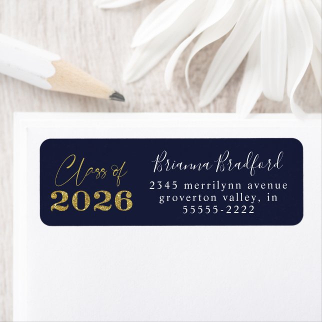 Graduation 2026 Navy Blue Gold Glitter Returadress Etikett (Insitu)