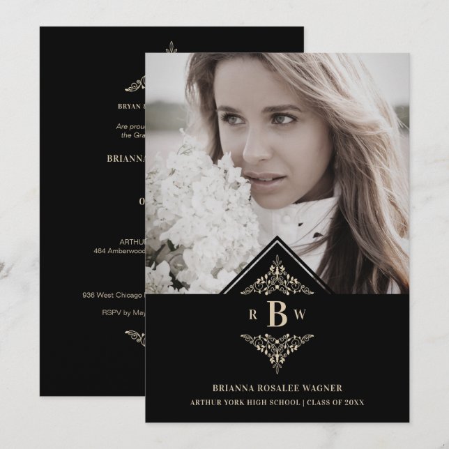 Graduation Black Golden Chic Lace Romantic Photo Inbjudningar (Fram/baksida)