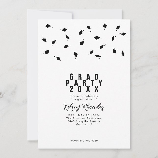 Graduation Cap Toss Black & White Grad Party Inbjudningar (Framsida)